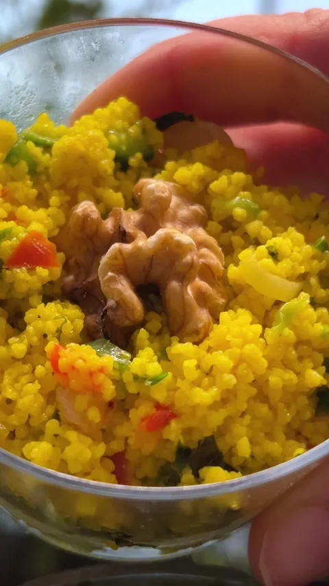 Salad with rice chicken on table top view. Arabian cuisine. Pita, hummus Stock Footage 275209554