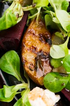 Salad of roasted beetroot, pear, lamb's lettuce, cheese Stock Photos