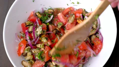 Salad with seafood Stock Footage 186108423