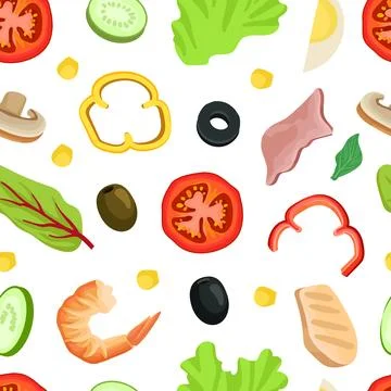 Salad seamless pattern. Sliced vegetables, herbs and shrimps repeating print for Stock Illustration