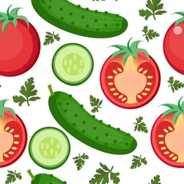 Salad seamless pattern. Tomato and cucumber endless background, texture. Ve.. Stock Illustration