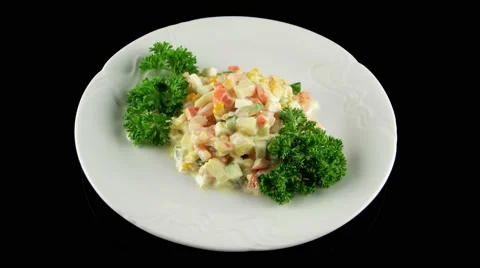 Salad with shrimps (corn, pineapple and fresh cucumber), loop, top view Stock Footage 61709674