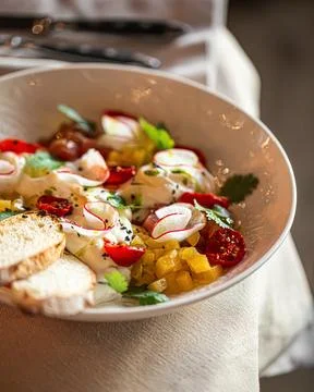 Salad with stracciatella cheese tomatoes herbs Stock Photos