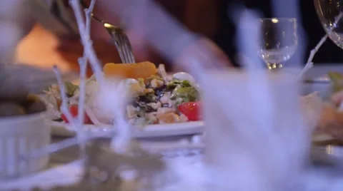 Salad with tangerine, fork prick Mandarin and takes from the plate Stock Footage 48691888