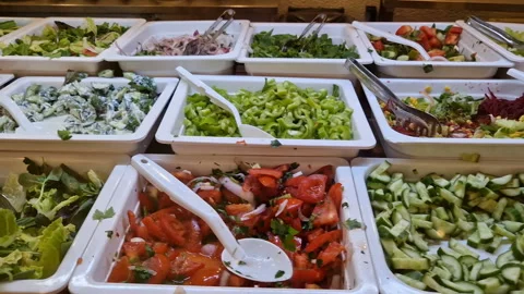 Salad, vegetable bar on self-service luxury hotel . All inclusive. Buffet. Stock Footage 252802293