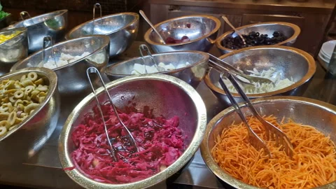 Salad, vegetable bar on self-service luxury hotel . All inclusive. Buffet. Stock Footage 252803106