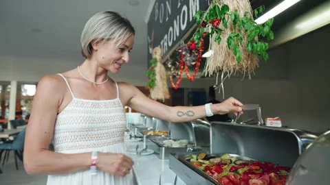 Salad, vegetable bar on self-service luxury hotel . All inclusive. Buffet. Video stock 279056077