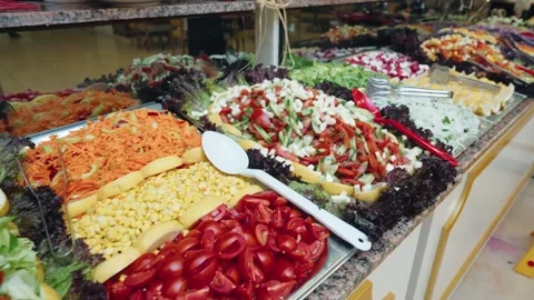 Salad, vegetable bar on self-service luxury hotel . All inclusive. Buffet. Video stock 279056286