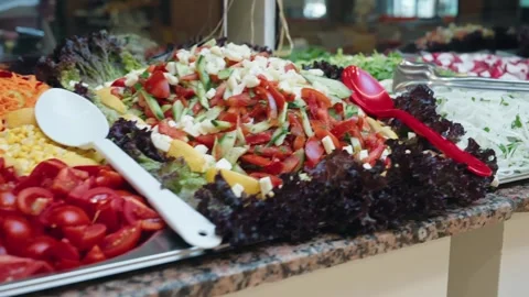 Salad, vegetable bar on self-service luxury hotel . All inclusive. Buffet. Video stock 279056310