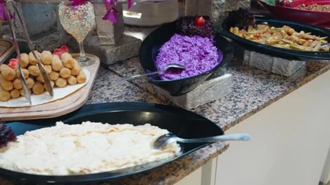 Salad, vegetable bar on self-service luxury hotel . All inclusive. Buffet. Video stock 279056376