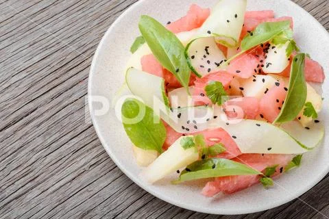 Salad with watermelon and melon Stock Photos