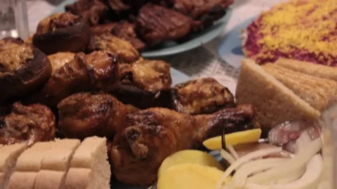 Salads and meat on table Stock Footage 147029776