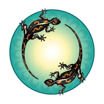 Salamanders go in a circle. Green circle, pattern. Stock Illustration