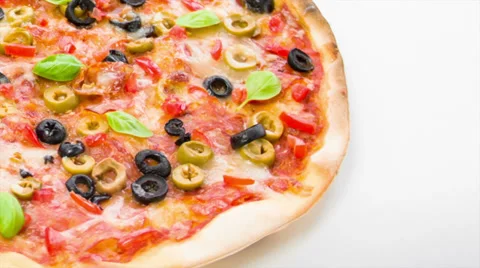 Salami pizza with basil Stock Footage 36308812