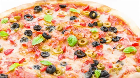 Salami pizza with basil Stock Footage 36308855