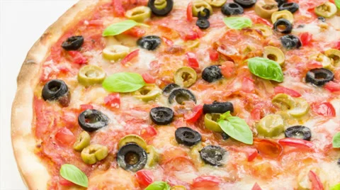 Salami pizza with basil Stock Footage 36308877