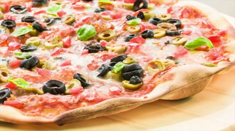 Salami pizza with basil Stock Footage 36308958