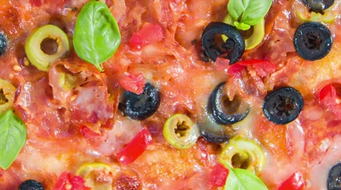 Salami pizza with basil Stock Footage 36308979