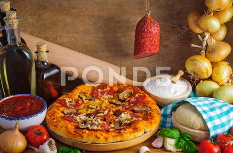 Salami pizza Stock Photos