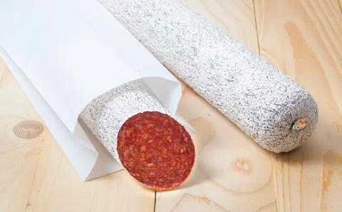 Salami with red pepper  package Stock Photos