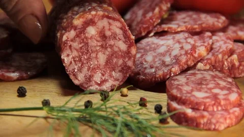 Salami sausage sliced Stock Footage 77029283