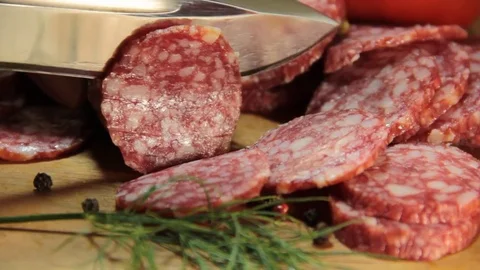 Salami sausage sliced Stock Footage 77040784