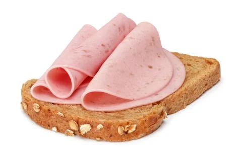 Salami slices and bread slice isolated Stock Photos