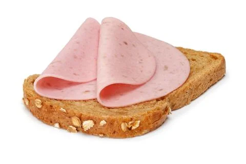 Salami slices with bread slice isolated Stock Photos