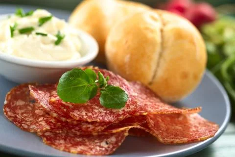 Salami slices Stock Photos