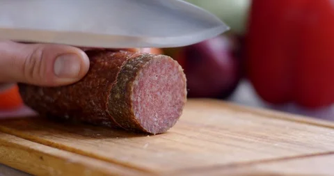 Salami slicing close up Stock Footage 86985534