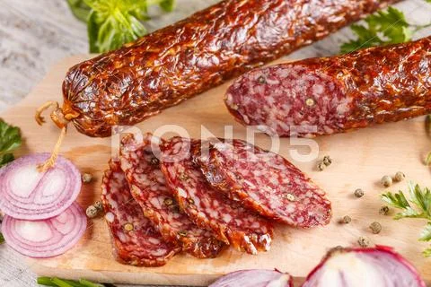 Salami smoked sausage Stock Photos
