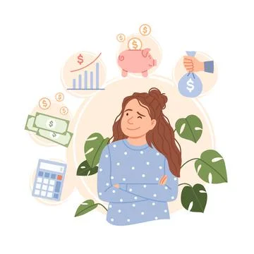 Salary increase concept. Flat young business woman Stock Illustration