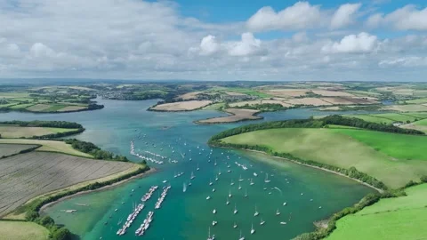 Salcombe and Mill Bay over Kingsbridge Estuary, Batson Creek, Southpool Creek Stock Footage 280014428