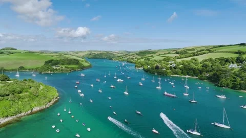 Salcombe and Mill Bay over Kingsbridge Estuary from a drone, Devon, England 스톡 동영상 280090013