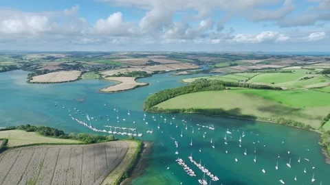 Salcombe and Mill Bay over Kingsbridge Estuary from a drone, Devon, England Stock Footage 280090105