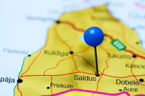Saldus pinned on a map of Latvia Stock Photos