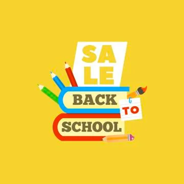 Sale Back to school emblem with book and accessories. Bright vector illustrat Stock Illustration