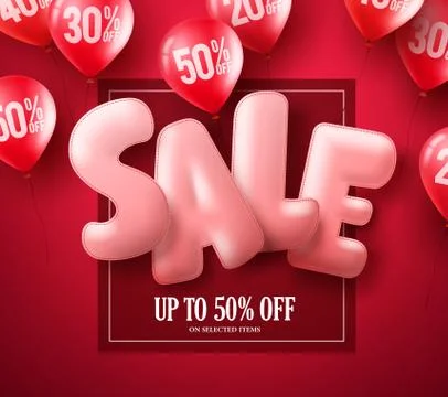 Sale balloon text 3D vector banner design with red balloons element flying Stock Illustration