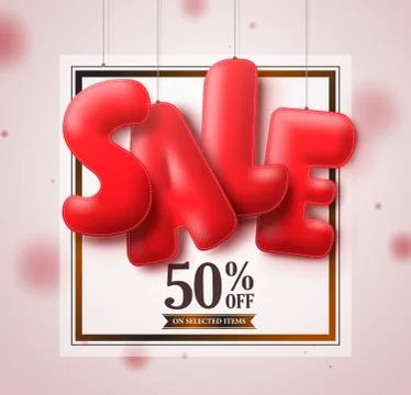 Sale balloons red 3D text hanging in white square background Stock Illustration