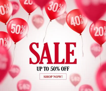 Sale balloons vector background. Flying red balloons with 50 percent off Illustrazione stock