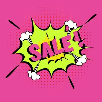 Sale comic lettering vector explosion cartoon illustration in retro pop art s Stock Illustration