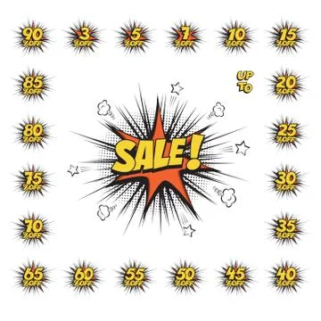 SALE comic text speech bubble with huge discount set. Vector isolated sound 스톡 일러스트