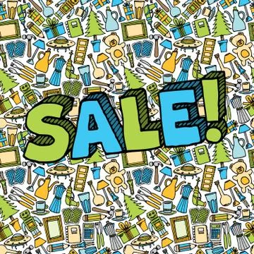 Sale of different objects seamless with text Stock Illustration