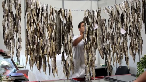 Sale of dried fish Stock Footage 80273968