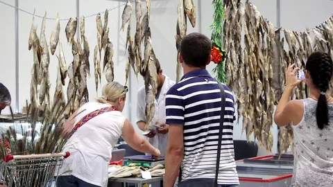 Sale of dried fish Stock Footage 80273987