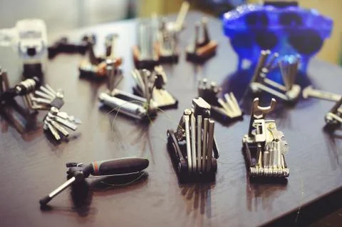 Sale of a multitool bicycle, a set of tools on the road. Stock Photos