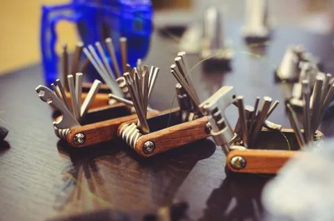 Sale of a multitool bicycle, a set of tools on the road. Stock Photos