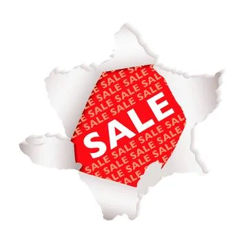 Sale paper explode Red background sale tag with exploding hole and drop sh... Foto stock