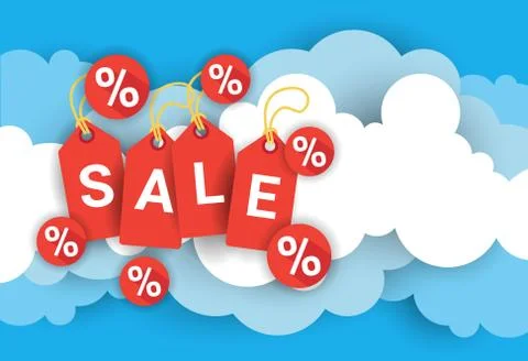 Sale Poster Template With Red Tags Over Blue And White Clouds Background Stock Illustration