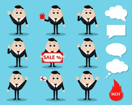 Sale set of isolated vector elegant smiling businessman in black suit with wh Stock Illustration